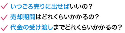 いざ不動産を売却しようと思うとわからないことだらけ…　いつごろ売りに出せばいいの？　売却期間はどれくらいかかるの？　代金の受け渡しまでどれくらいかかるの？　安心して相談できる不動産業者は？